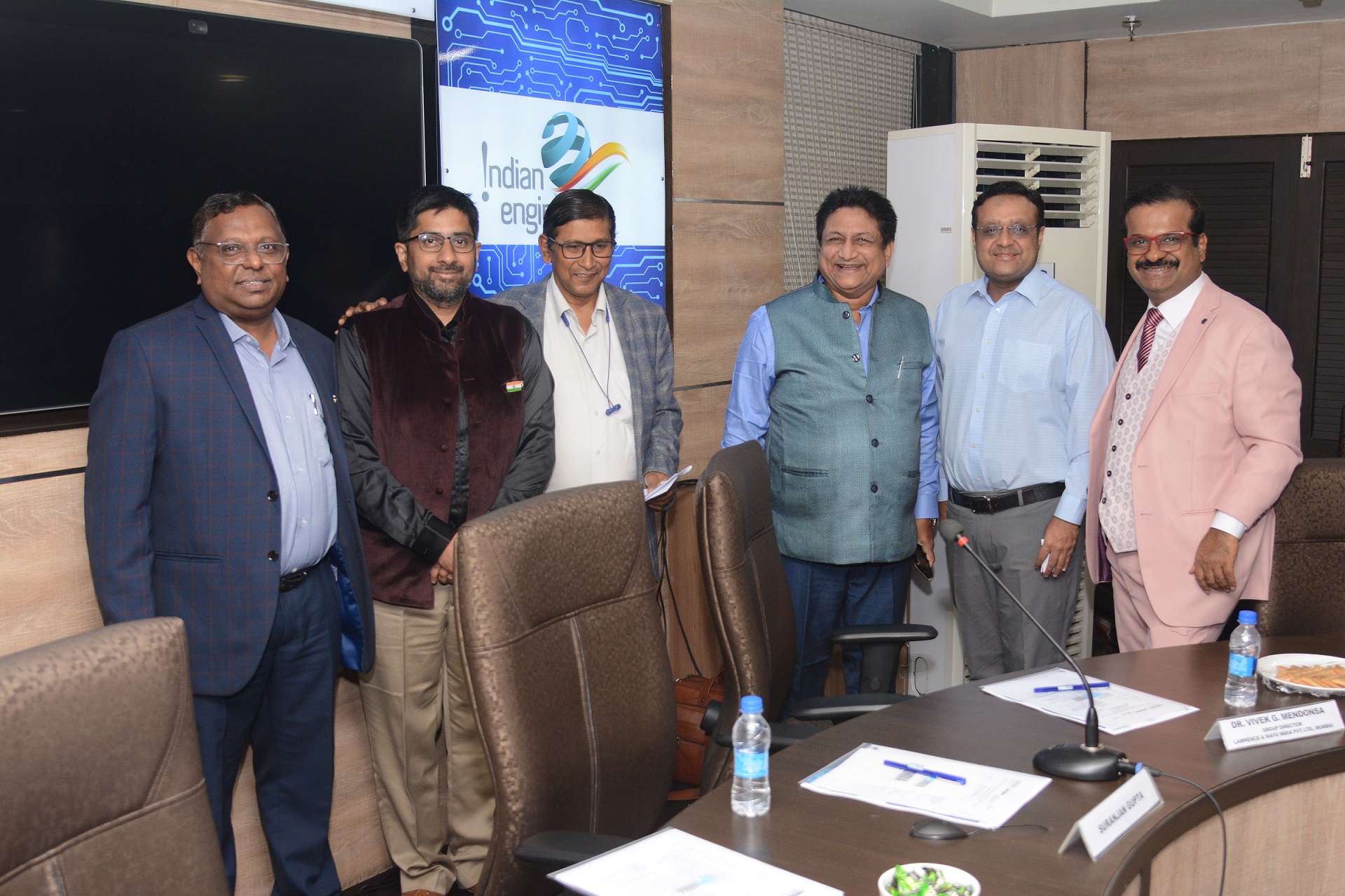 From left to right - Mr. S. Gabriel, AGM, Lawrence & Mayo India Pvt. Ltd., Kolkata; Mr. G. N. Madhu, Growth & Investment Advisor, Garuda Aerospace Pvt. Ltd.; Mr. Suranjan Gupta, Executive Director, EEPC India & Member of the Committee on EEPC India Technology Centre, R&D & TUFS; Mr. D. J. Basu, Director (Personnel & Administration) & Tech Centre Coordinator, EEPC India; Mr. Aditya Garodia, Chairman, Committee on Trade with West Europe & UK; Dr. Vivek G. Mendonsa, Group Director, Lawrence & Mayo India Pvt. Ltd., Mumbai.