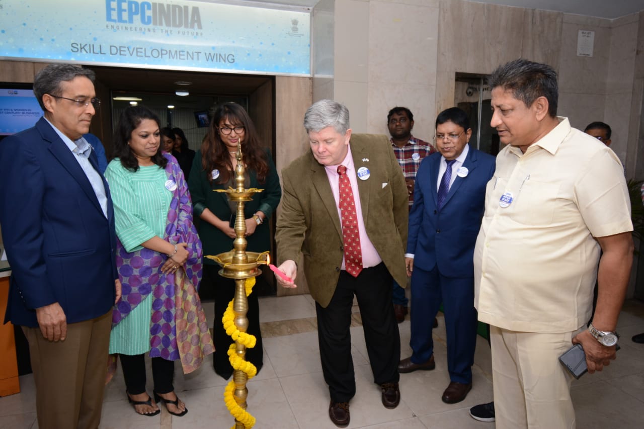 EEPC India Technology Centre celebrates World IP Day with Women Entrepreneurs. At the inauguration, Lamp Lighting by Mr Peter Cook, (Acting) British Deputy High Commissioner, Kolkata; & (from left)- Mr Arun Kumar Garodia, Chairman, EEPC India (far left); Ms Naveli Nevatia, Convenor of Product Panel on Industrial Machinery, EEPC India and from M/s. Nevatia Udyog Ltd, Kolkata; Ms Srestha Chatterjee, CEO and MD, Kohsa Analytics Pvt Ltd; Mr Biswajit Sarkar, Advocate - IP Attorney and Mr D J Basu, Director (P&A) and Coordinator of Technology Centre, EEPC India.