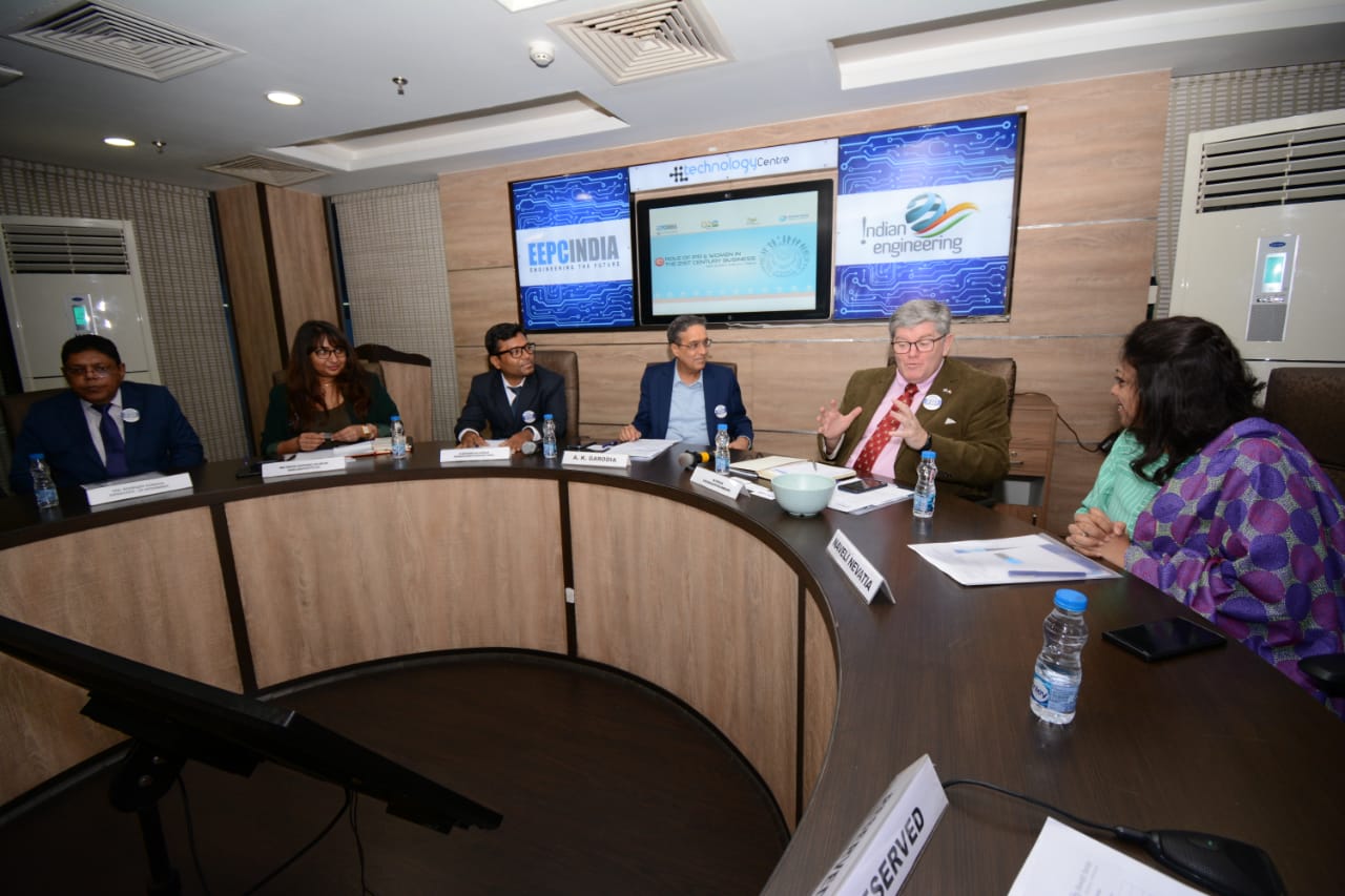 Mr Peter Cook, (Acting) British Deputy High Commissioner, Kolkata addressing the session. Mr Arun Kumar Garodia, Chairman, EEPC India (next to Mr Cook); Dr. Arun Pradhan, Assistant Controller, Controller General of Patents, Designs & Trade Marks, Kolkata, DPIIT, Ministry of Commerce, Government of India (third from left); Ms Naveli Nevatia, Convenor of Product Panel on Industrial Machinery, EEPC India and M/s. Nevatia Udyog Ltd, Kolkata (far right); Ms Srestha Chatterjee, CEO and MD, Kohsa Analytics Pvt Ltd (second from left) and Mr Biswajit Sarkar, Advocate- IP Attorney (far left) joined the session.