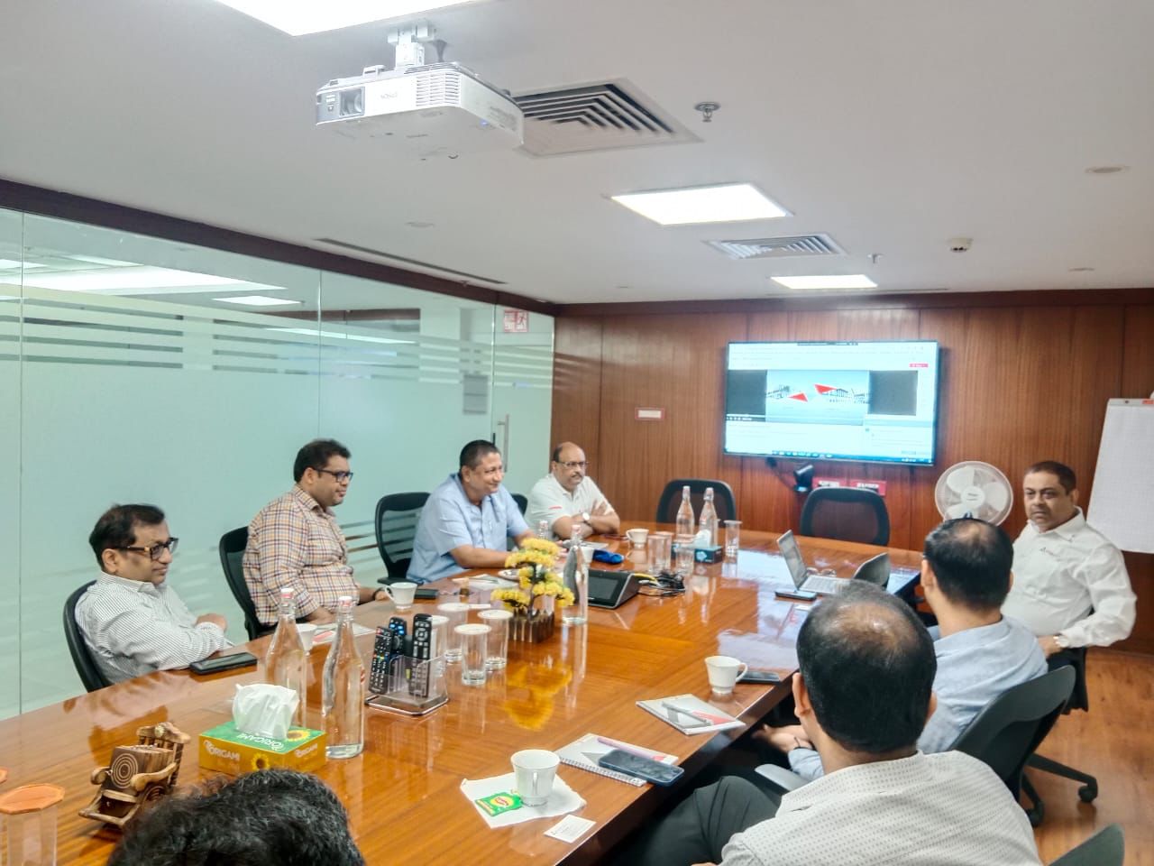 Diginitaries of the both companies discussed in a meeting. At the Left panel of the table- Mr Anupam Shah, Chairman, Committee on EEPC India Technology Centre, R&D & TUFs, and Director, NIPHA Exports Pvt Ltd (far left); Mr. S Dutta, Financial Head, CERATIZIT India Pvt Ltd (far right);  Mr D J Basu, Coordinator, EEPC India Technology Centre and Director (P&A), EEPC India (second from right) and Mr Shashank Shah, Director, NIPHA Exports Pvt Ltd (second from left) were present.