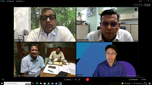 Mr. Anupam Shah, Past Chairman, and Chairman, Committee on Technology, EEPC India (left at the top of the virtual screen) delivering the Welcome Address and speaking to the viewers. The Chief Guest, Mr. Jonathan Hou, President, Pleora Technologies, Singapore (right at bottom of the screen); Mr. Dhruba Jyoti Basu, Director (Personnel & Administration) and Coordinating Officer, Committee on Technology, EEPC India (far left at the bottom); Mr. Vibhanshu Chaturvedi, Project Coordinator, EEPC India Committee on Technology (right at the top of the virtual screen) and Mr. Shibasish Sen from EEPC India Technology Centre (on left of Mr. Basu) also joined the virtual session.