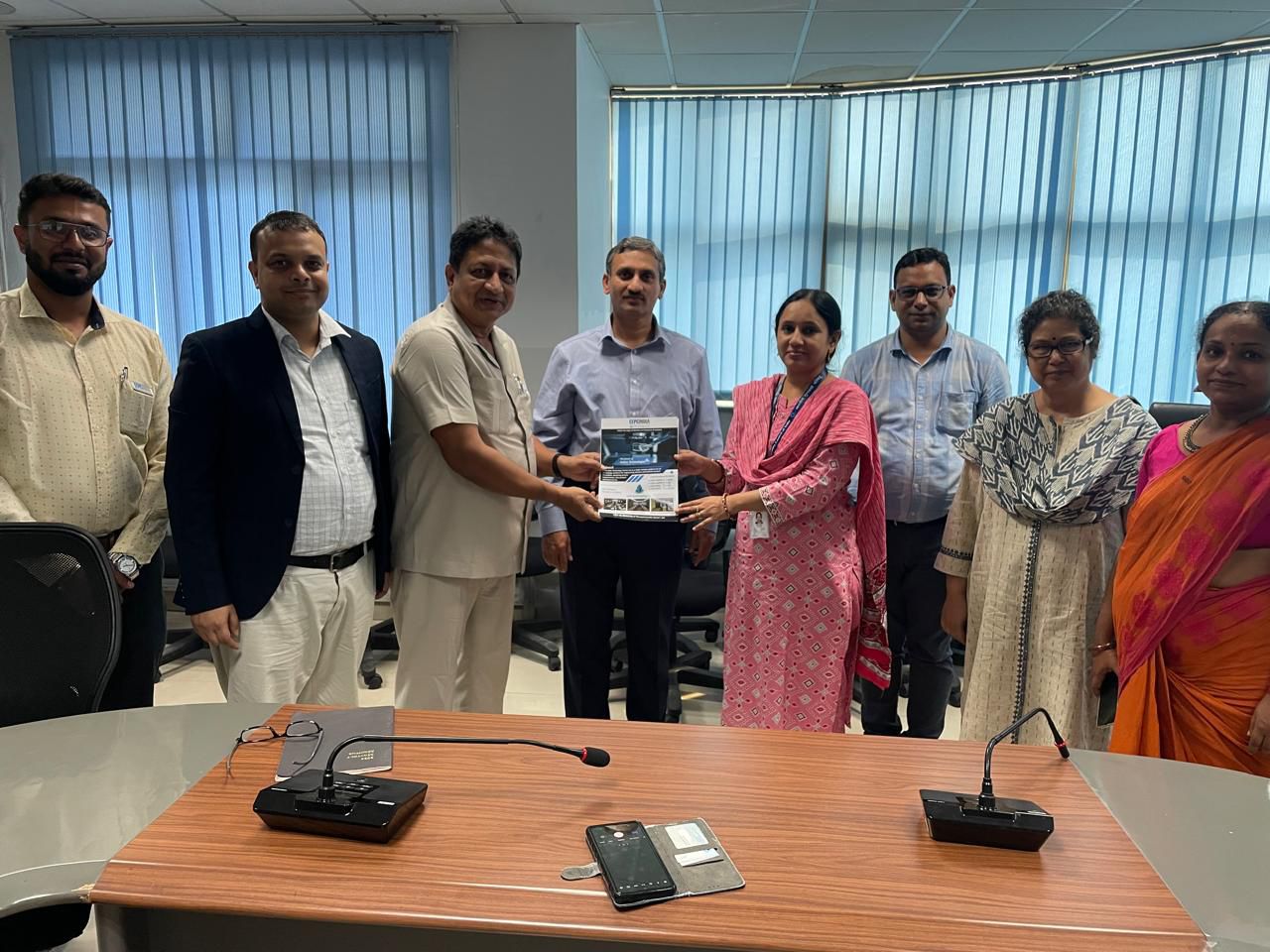 A meeting was held between EEPC India Technology Centre and NABL India (National Accreditation Board for Testing and Calibration Laboratories [A Constituent Board of Quality Council of India]). Mr D J Basu, Coordinator, EEPC India Technology Centre and Director (Personnel and Administration), EEPC India offering a EEPC India Technology Centre brochure to Ms Anita Rani, Joint Director, NABL India. Dignitaries from NABL India- Mr Venkateswaran, CEO (middle); Ms Mallika Gope, Director (second from right); Ms Anuja Anand, Director (far right); Dr Pankaj Goyal, Joint Director and from EEPC India- Mr Shafi Akhtar, Assistant Director (second from left) and Mr Shibasish Sen, 3D Design Engineer (far left) are present.