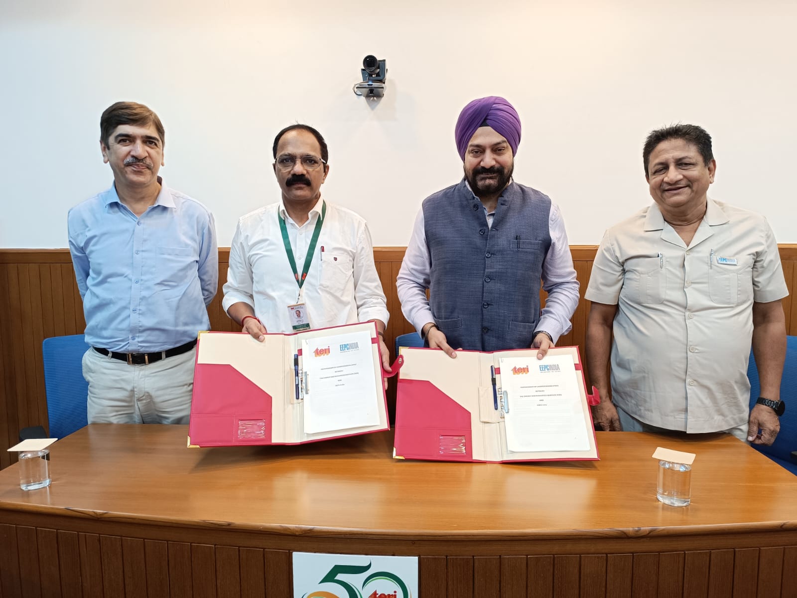EEPC India and TERI Officials with signed MoU folders- (from left) Mr Girish Sethi, Senior Director, Energy Programme, TERI; Mr Jayakumar VK, Senior Manager, Project Monitoring Unit, TERI; Mr Gurvinder Singh, Sr. Director, EEPC India and Mr D J Basu, Director (P&A) & Coordinator, EEPC India Technology Centre.