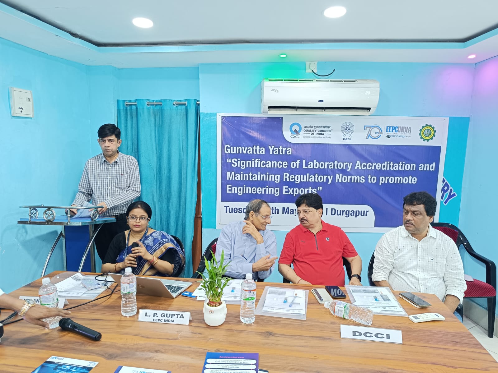 Mr Joy Chatterjee, Sr. Assistant Director, EEPC India (RO), Kolkata (on the podium). On the dais (from left)- Ms Malancha Das, Deputy Director, NABL; Mr L P Gupta, Convener, EEPC India Asansol (West Bengal) Chapter; Mr Chandan Dutta, President, Durgapur Chamber of Commerce & Industry; and Mr Rama Prasad Haldar, Past President, Durgapur Chamber of Commerce & Industry.
