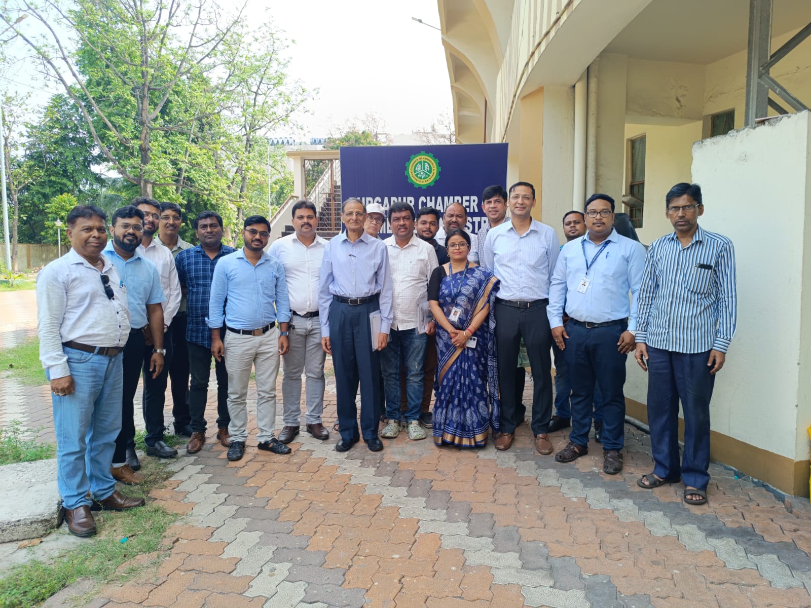Group photo: Ms Malancha Das, Deputy Director, NABL; Mr L P Gupta, Convener, EEPC India Asansol (West Bengal) Chapter; Mr Chandan Dutta, President, Durgapur Chamber of Commerce & Industry (DCCI); Mr Rama Prasad Haldar, Past President, Durgapur Chamber of Commerce & Industry (DCCI); Mr Mukul Khandelwal, Working Committee Member, EEPC India (third from right); Mr Joy Chatterjee, Sr. Assistant Director, EEPC India (RO) and other DCCI officials are present. Mr Shibasish Sen, 3D Design Engineer, EEPC India Technology Centre (3rd from left) is also present.