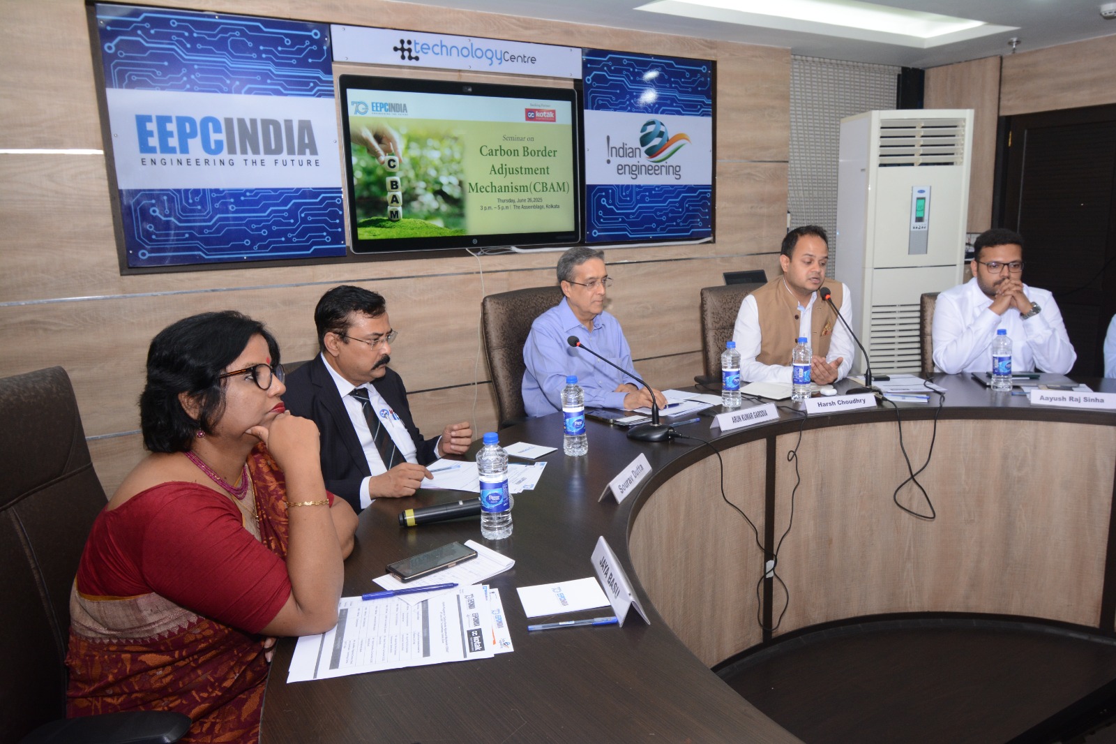 EEPC India Technology Centre hosted a hybrid session on the Carbon Border Adjustment Mechanism (CBAM) with participation from key industry leaders and EEPC India Officials. From left to right: Ms Jaya Basu, Regional Director (ER) & Coordinator – Technology Centre, EEPC India; Mr Sourav Dutta, Sr Vice President & Regional Business Head – East, Kotak Mahindra Bank; Mr Arun Kumar Garodia, Immediate Past Chairman, EEPC India; Mr Harsh Choudhry, Co-founder & CEO, Sentra.World; and Mr Aayush Raj Sinha, Manager – Business Development, Sentra.World.