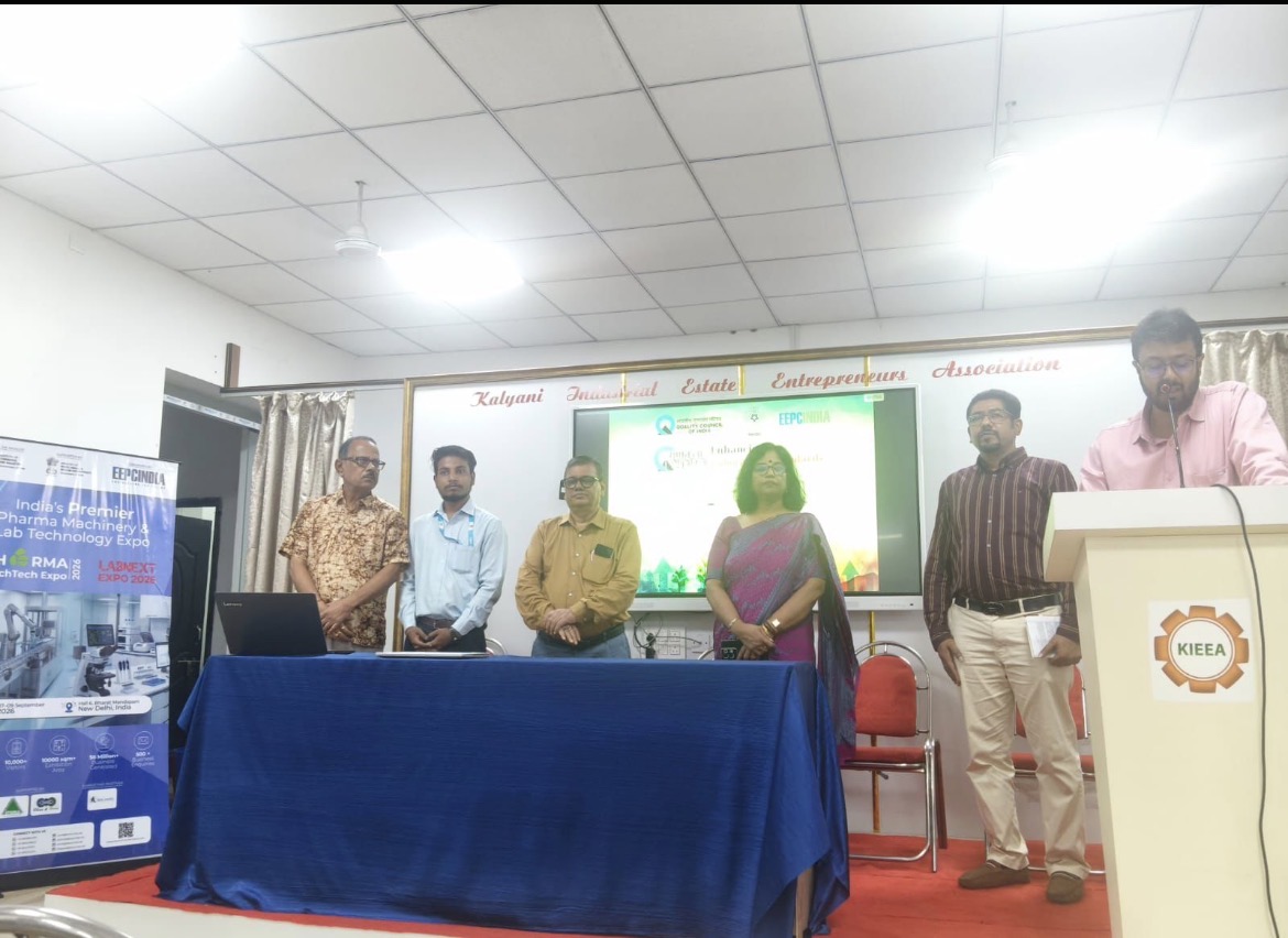 Dignitaries on the dais (from left)- Mr. Subrata Mukherjee, Past President, Kalyani Industrial Estate Entrepreneurs' Association (KIEEA); Mr. Tapas Ranjan Nath, Analyst, NBQP, QCI; Mr. Ashutosh Debnath, Assessor, NABL; Ms. Jaya Basu, Regional Director (ER), EEPC India; Mr. Vishal Sarda, Regional Committee Member (Eastern Region), EEPC India and Director, East Coast Enterprise; and Mr. Shibasish Sen, Executive Officer, EEPC India on the podium.