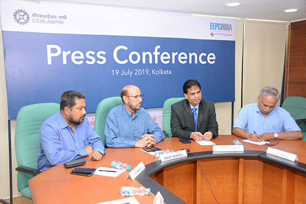 Press Conference on with Dr Avanish Kumar Srivastava, Director, CSIR-AMPRI,Bhopal talking to press with  Mr Ravi Sehgal, Chairman , EEPC India ( on his right)  and Mr Bhaskar Sarkar, Advisor, EEPC India Technology Centre ( far left). Dr S K S Rathore, Senior Principal Scientist, CSIR- AMPRI ( far right)