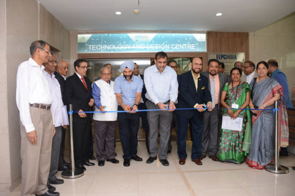 Ribbon Cutting  as a mark of inauguration by Dr Anup Wadhawan, Commerce Secretary, MOC&I, GOI (4th from left); Mr B S Bhalla, Additional Secretary, DOC, MOC&I, GOI (3rd from left ). Mr Ravi Sehgal, Chairman, EEPC India (5th from left). Mr Mahesh K Desai, Sr Vice Chairman, EEPC India (2nd from left) ; Mr Arun Kumar Garodia , Vice Chairman, EEPC India (far left); Mr Bhaskar Sarkar, Advisor, EEPC India Technology Centre (to the left of Mr Sehgal). 