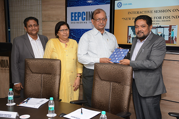 EEPC India Technology Centre Kolkata jointly with CSIR- NML held a session on `New Processes for Foundry` by Dr Anjan Pradhan, Scientist, CSIR-NML. Mr Ravi Sehgal, Chairman, EEPC India; Mr Adhip Mitra, Additional Executive Director & Secretary, EEPC India; Mr Bhaskar Sarkar, Advisor, EEPC India Technology Centre; Ms. Anima Pandey, Regional Director (ER) & Director (Membership) and Mr D J Basu, Sr. Joint Director (P&A) are present.