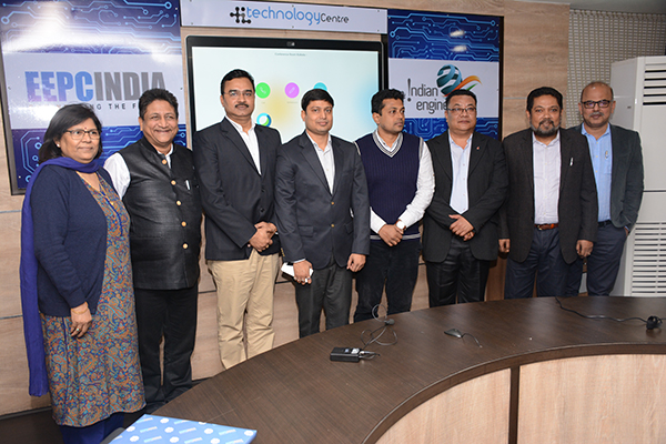 Dignitaries present during the photoshoot (from right) Mr. Adhip Mitra, Additional Executive Director & Secretary, EEPC India; Mr Bhaskar Sarkar, Advisor, EEPC India Technology Centre;  Hon`ble Dr L Nato Singh, Cyber Forensic Expert, Central Forensic Science Laboratory, Guwahati; Mr Kuntal Siddhartha, SI, Cyber Crime, Lalbazar; Mr Tusimoy Das, SI, Bank Fraud, Lalbazar; Mr Nilkantha Roy, OC, Bank Fraud, Lalbazar; Mr D J Basu, Sr Joint Director (P&A), EEPC India and Ms. Anima Pandey, Regional Director (ER) & Director (Membership), EEPC India.