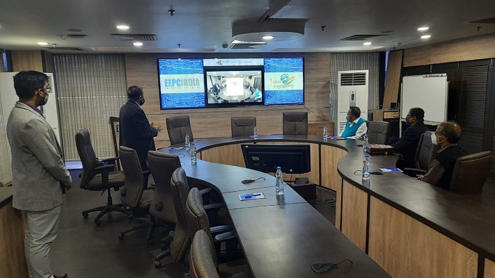 Mr. Dhruba Jyoti Basu, Sr. Joint Director (Personnel & Administration), EEPC India speaking about EEPC India Technology Centre. On the  Right side of the table  :  Dr A.S.Choudhury, Ex. Managing Director, CERATIZIT Pvt. Ltd. and Director-Technical, Camelia Group, Mr Jayanta Basu, Proprietor, M/s. TECHO Enterprises Ltd and Mr Tapan Roy, Ex-Dy. Director, Technical Education, Govt. of West Bengal. On the left of the table standing : Mr Udayan Sarkar, Executive Officer, EEPC India